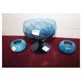Blue Glass Footed Bowl & Stone Votive Holders