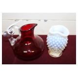 Whitefriars Ruby Pitcher & Opalescent Hobnail Vase