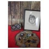 Charcoal Native Portrait /Gem Stones/ Brass Tray