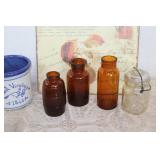 Amber Glass Bottles / Crock / Metal Sign