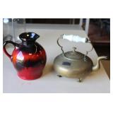 Brass Kettle & MCM Pottery Vase