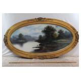 Antique Pastel Landscape Oval Painting