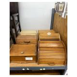 Lot of 6 wooden bread boxes and roll-top bins