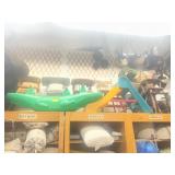 Lot of baby chairs, playground gear and bikes