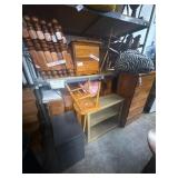 Lot of assorted wood chairs, cabinets, and frames