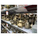 1 shelf of brass and pewter - see description