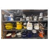 3 shelves of assorted pots and pans