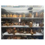 3 shelves of assorted copper plated and metalware