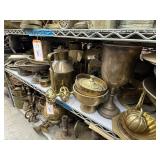 1 shelf of brass serving pieces - see description