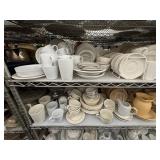 2 shelves of white dinnerware - see description