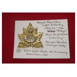 ROYAL  HAMILTON  LIGHT INFANTRTY  BADGE