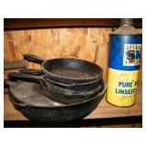 (6) Cast Iron Skillets & mics. items