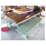 TABLE W/ 2 BENCHES & CONTENTS & MISC PRINTS