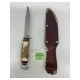 Fixed-Blade Knife with Stag Handle and Leather She