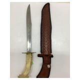 Antler-Handle Knife with Leather Sheath 11 3/4'