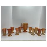 Iridescent Orange Carnival Glass Pitcher and Goble