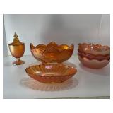 Six Carnival Glass Dishes and Lidded Jar