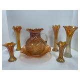 Carnival Glass Water Set with Pitcher, Bowl, and V