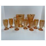 Amber Carnival Glass Beverage Set and Vase with Fl