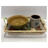 Pottery Bowl, Crock, and Woven Tray Set