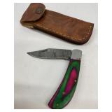 Folding Knife with Damascus Blade and Case