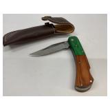 Folding Knife with Wooden Handle and Leather Sheat