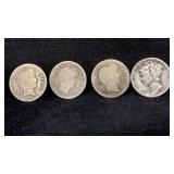 (4) Silver Dimes: (1) Mercury, (3) Barber