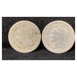 (2) 1865 Three Cents Nickel