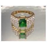 Gold tone Ring with Green Center Stone and Clear A