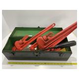 Metal Toolbox with Pipe Wrenches and Hand Tool