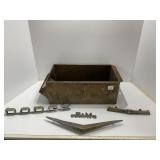 Metal Bin and Vintage Automotive Emblems