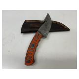 Damascus Steel Knife with Orange Handle and Sheath