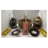 Vintage Wares: Lanterns, Wicker Basket, Glass Tray