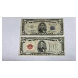 (2) Currency 1928 F $5 Red Seal US Note, 1953 B