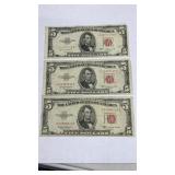 Currency (3) 1953 $5 Red Seal United States Notes