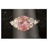 925 Silver Ring with Pink Oval Stone, Size 8