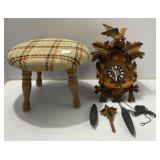 Carved Wood Cuckoo Clock and Plaid Upholstery Stoo