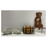 Ceramic Swans, Wood Barrel Bank, and Metal Dog Cut