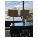 Brass and Black Table Lamps With Drum Shades