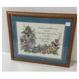 Framed Cross-Stitch Artwork with Floral and Bird D