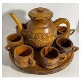 Carved Wooden Tea Set with Tray