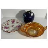 Decorative Plate, Vase, and Carnival Glass Dish