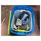 Blue Plastic Tote With Mixed Contents
