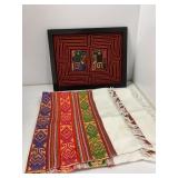 Framed Textile Artwork and Multicolored Woven Clot