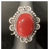 German Silver Ring With Red Coral, Size 7