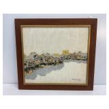 Framed Oil Painting of Riverside Village, 21x23,19
