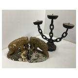 Plaster Elephant Bookends and Metal Candelabra