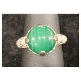 .925 Silver Ring with Green Stone, Size 7