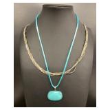 Blue Stone Pendant w/Silk Rope & Multi-Tone Chain