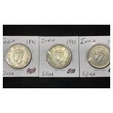 India Silver 1941, 1943, 1944 One Rupee, (3)